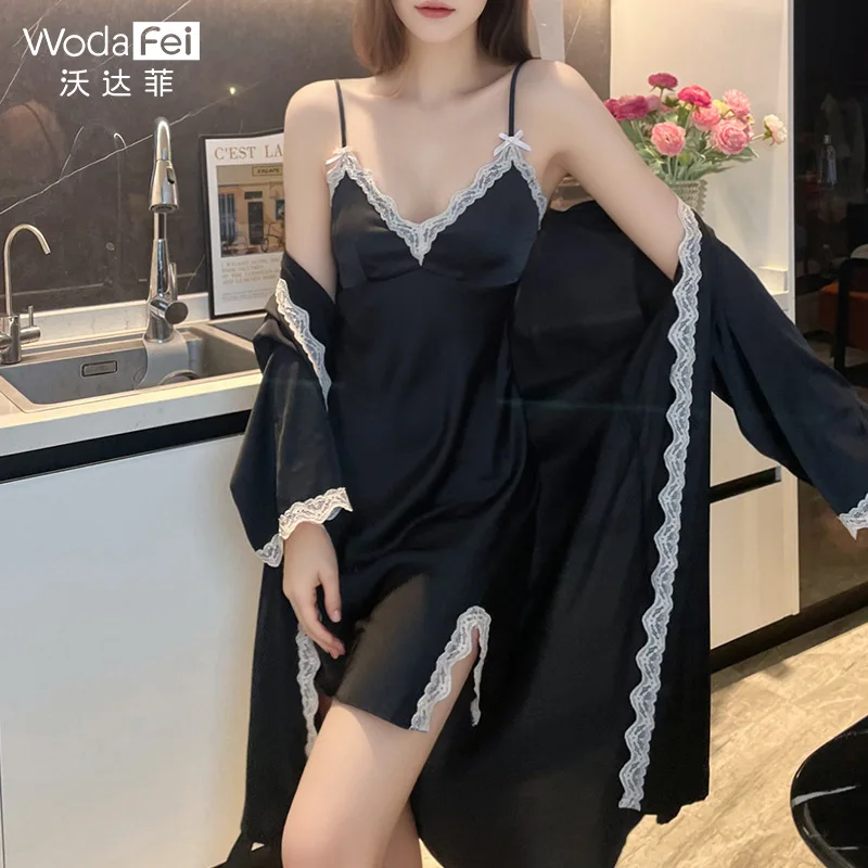 Весенне-летняя шелковая атласная ночная рубашка сексуальная кружевная на