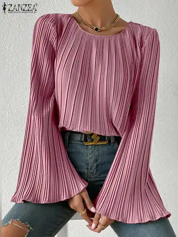 Блузка ZANZEA Женская с длинным Расклешенным рукавом, элегантный плиссированный топ в офисном стиле, модная повседневная Однотонная рубашка, осень 2023