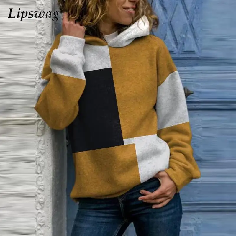 

Winter Casual Geometric Patchwork Print Hoodies Women Fashion Long Sleeve Pullover Tops Ladies Elegant Loose Hooded Sweatshirt