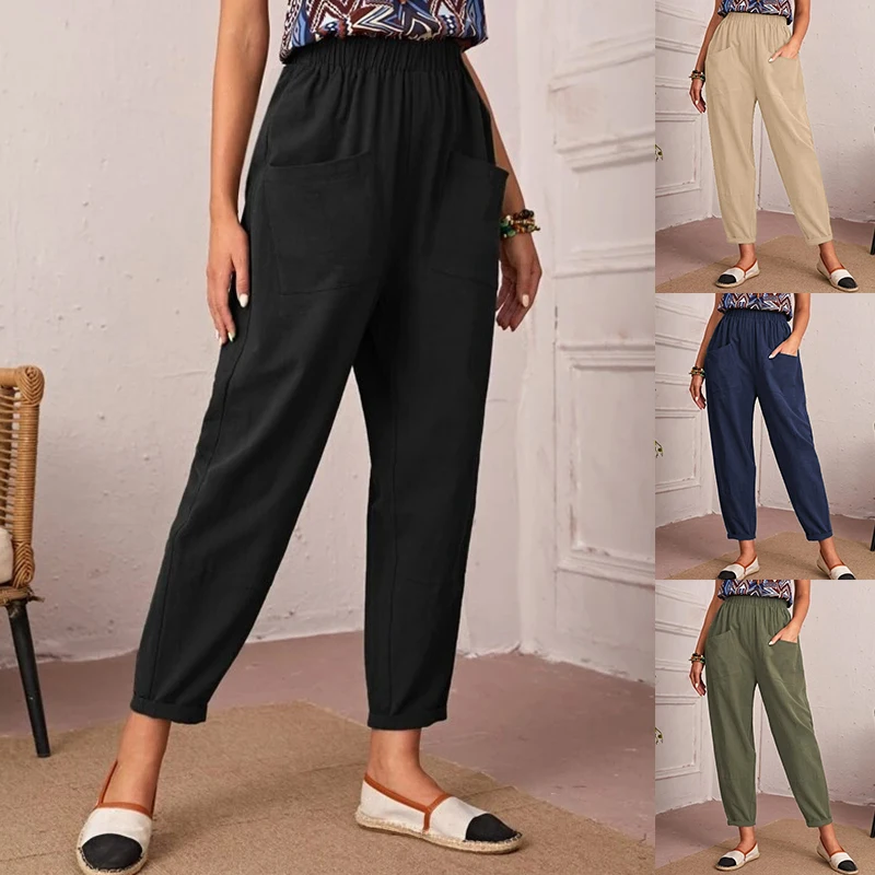 Women Summer Solid Pocket Elastic Ankle-length Pants Loose High Waist Cotton Linen Harem Pants Casual New Fashion