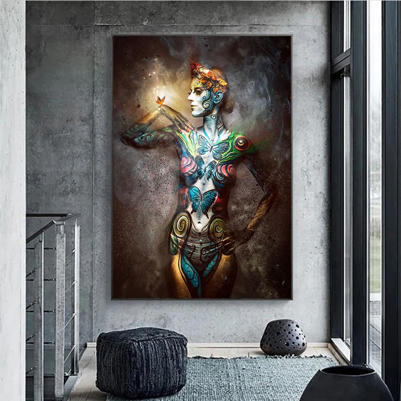 Абстрактная картина на холсте &quotЛоза растение и тату Бабочка девушка&quot