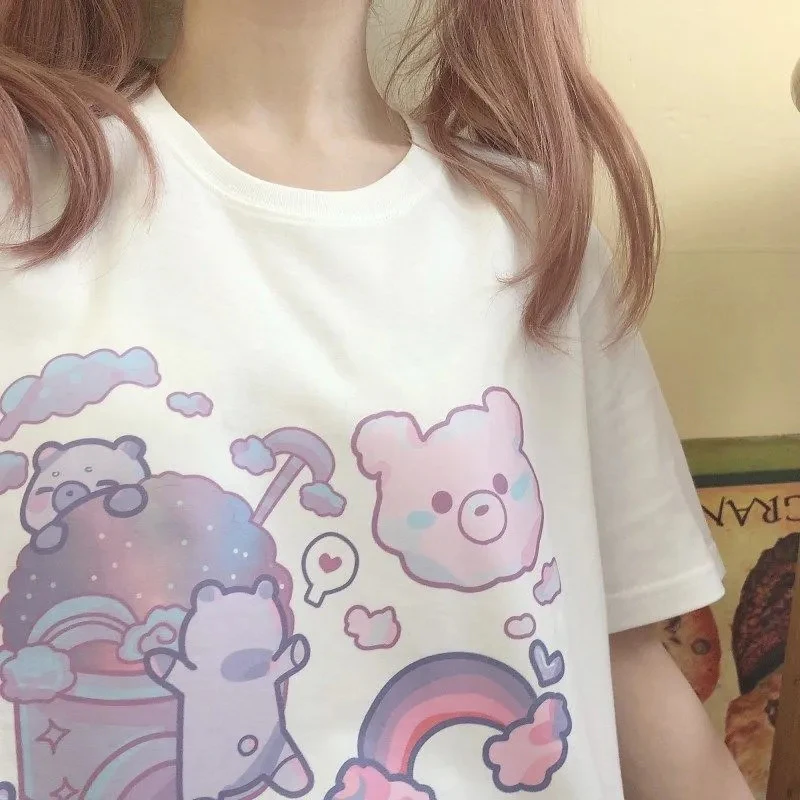 

Japanese Harajuku Anime Women T-shirts Fashion Woman Blouses 2022 Short Sleeve T Shirt Cute Cartoon Bear Print y2k Clothes Tops