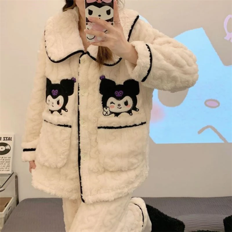 

Kawaii Sanrio Kuromi Mymelody Cinnamorol Coral Velvet Pajamas Women's Winter Warm Thickened Set Pajamas Girls Christmas Gift