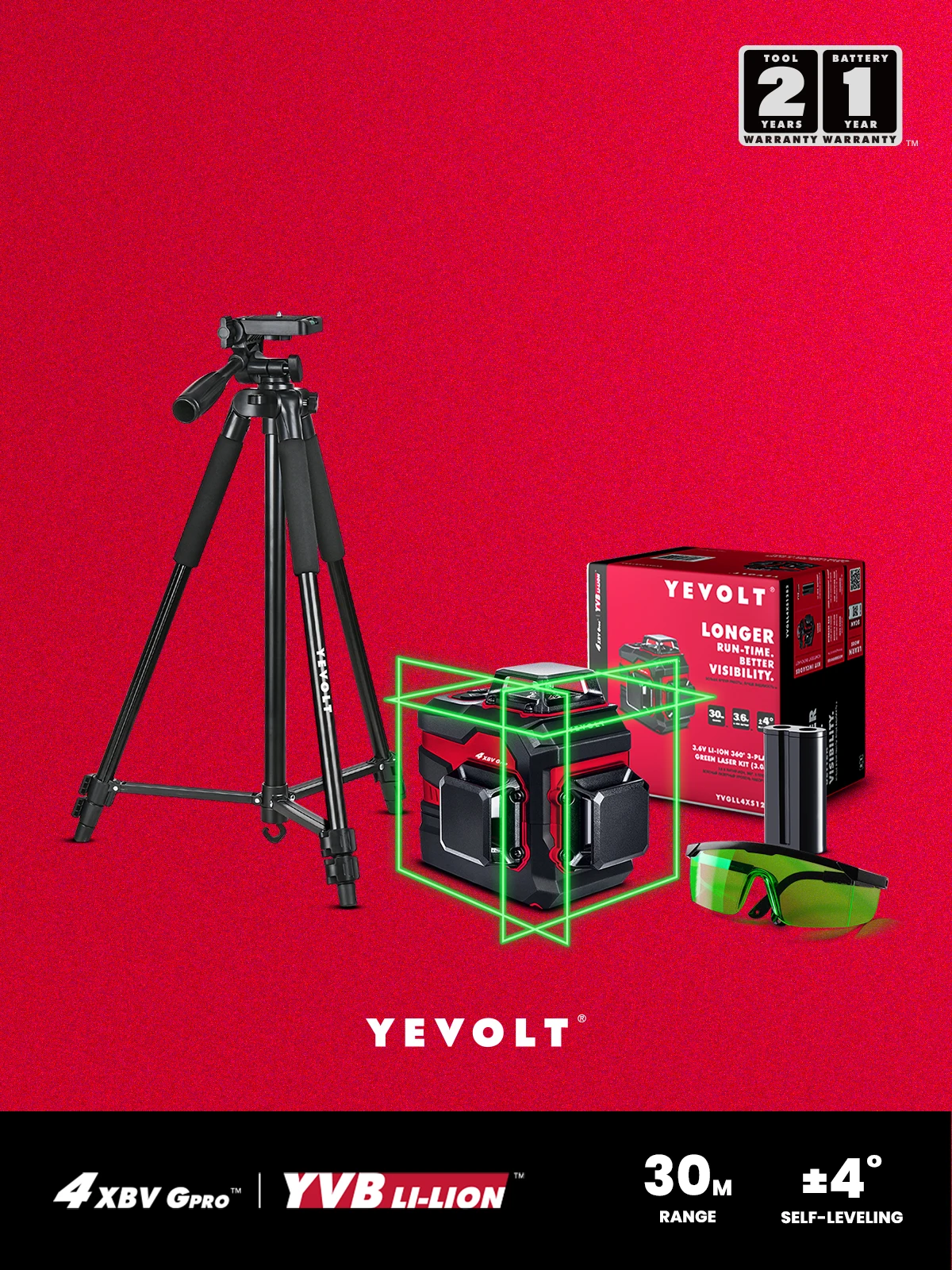 

Лазерный уровень YEVOLT TP-YVGLL4XS12-G 3-плоский с зеленым лучом, 3D, 12 линий, со штативом, 3,6 В, С литий-ионным аккумулятором, самонивелирующийся станок