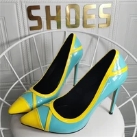 patent leather women shoes t strap dress pumps mixed color slim heels zapatos mujer sexy pointed toe summer footwears plus size