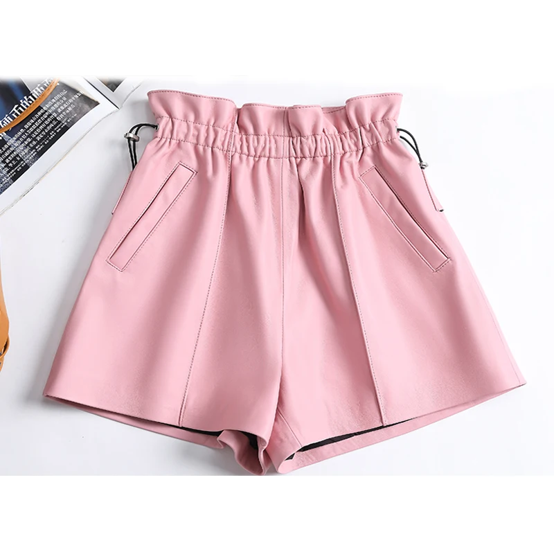 Fashion Clothing New Genuine Leather Shorts Women Elastic Waist Booty Mini Sexy Short Feminino PinkWhite Pocket