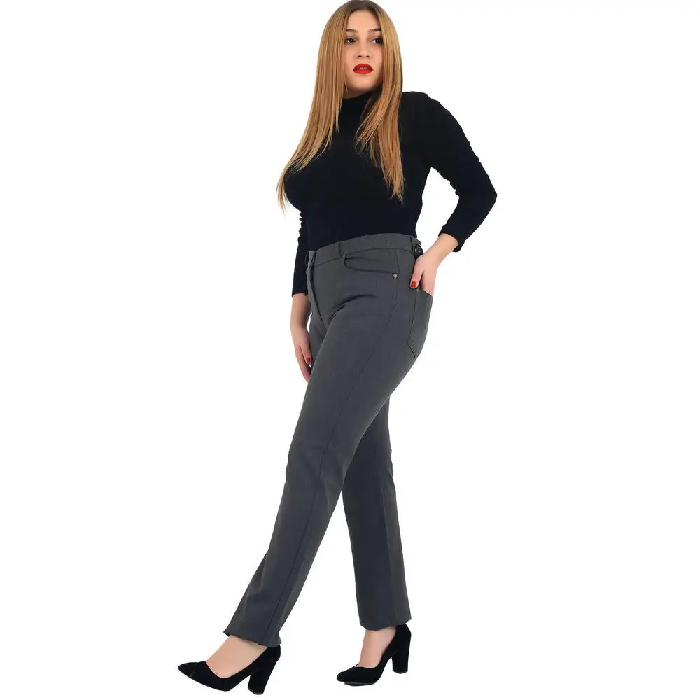 Ftof women large size pants Rg1029G fabric high waist straight leg wrist length pocket gabardine zipper closure buttoned brown Lac