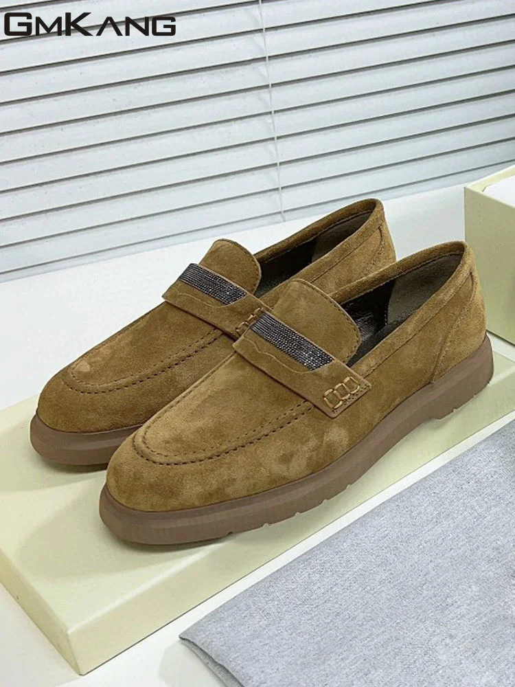 2023 New Flat Shoes Women Cow Suede British Style Shoes Chain Decorate Loafers Woman Casual Comfort Walk Shoes Woman