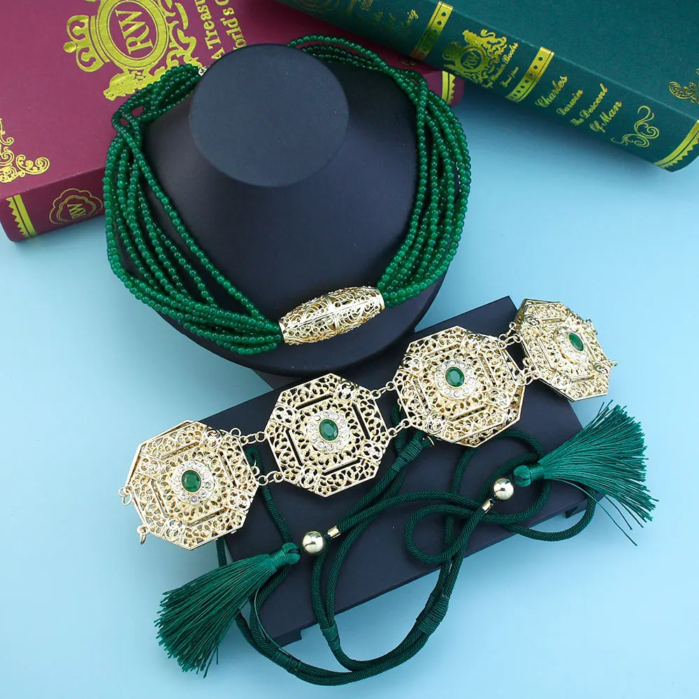 

Neovisson Delicate Arabic Jewelry Sets Morocco Caftan Belt Hand Rope Tassels Waist Chain Beads Necklace Romantic Gift