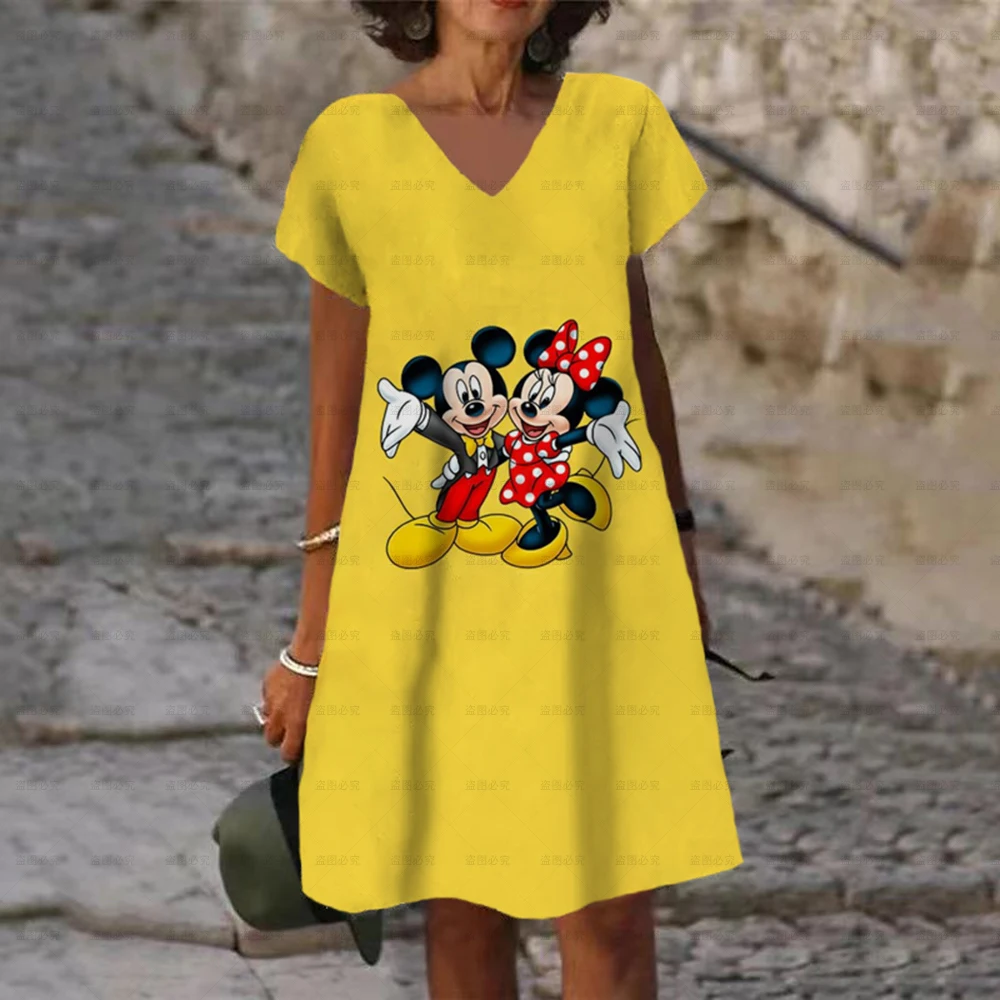 Women Short Sleeve V-Neck Disney Minnie And Mickey Mouse Print Dress 2022 Summer New Loose Mid Length Skirt Ladies Fashion Dress images - 6