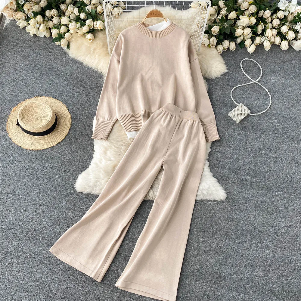 

Женский трикотажный спортивный костюм Croysier, однотонный свободный комплект из двух предметов, повседневная одежда с высокой талией для осен...