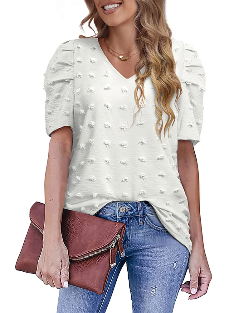 

Модные женские летние однотонные шифоновые футболки лоскутный Дизайн Жаккардовый Декор V-образный вырез пышные рукава повседневные свобод...