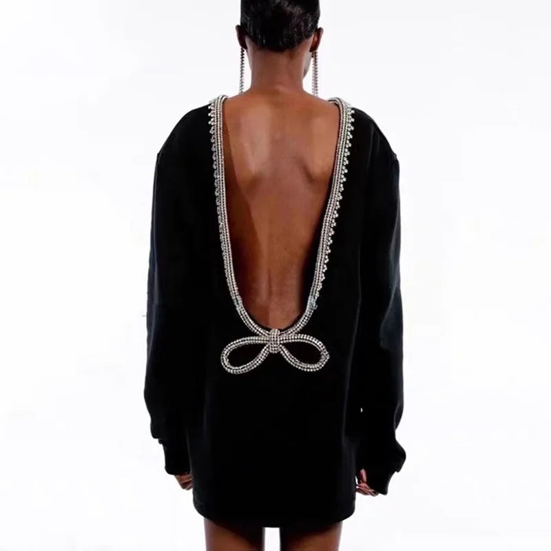 

Autumn and winter new deep V backless sweater long sleeve middle long diamond bow design Pullover for women dress