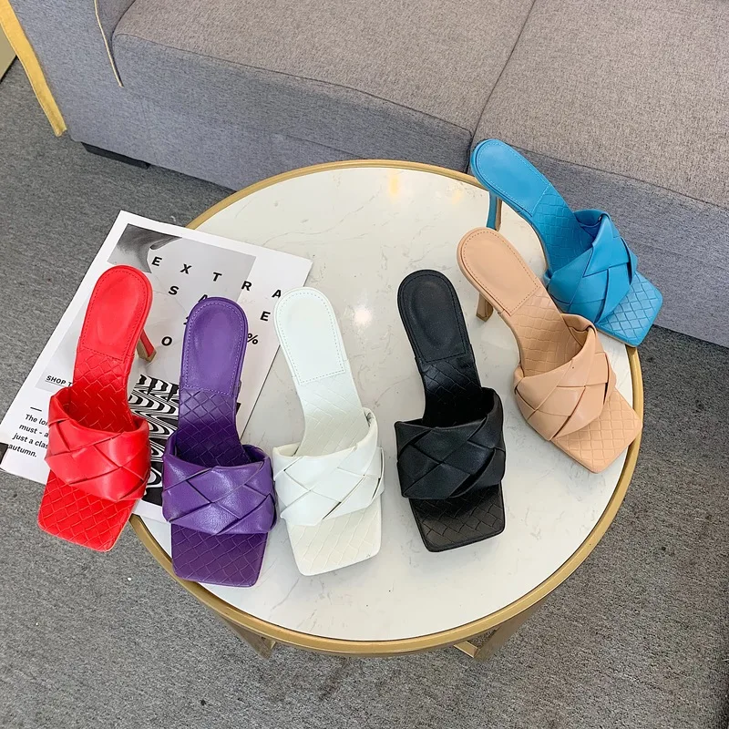 

Fashion Brand Design Women Slipper Thin High Heels Square Toe Sandal Slipper Summer Ladies Slide Elegant Dress Shoes35-39