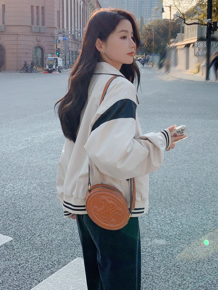 Baseball Uniform Short Outerwear Women Spring and Autumn Small Student 2024 Early New Creamy-white Leisure Jacket Top