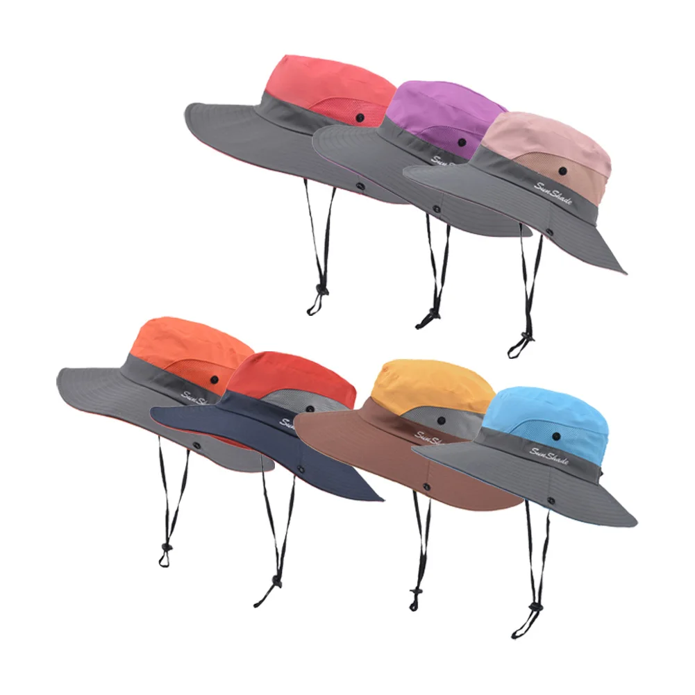 

Summer Ponytail Hat For Women UV UPF Wide Brim Sun Hat Hiking Fishing Boonie Ladies Outdoor Sun Ponytail Bucket Cap Polyester