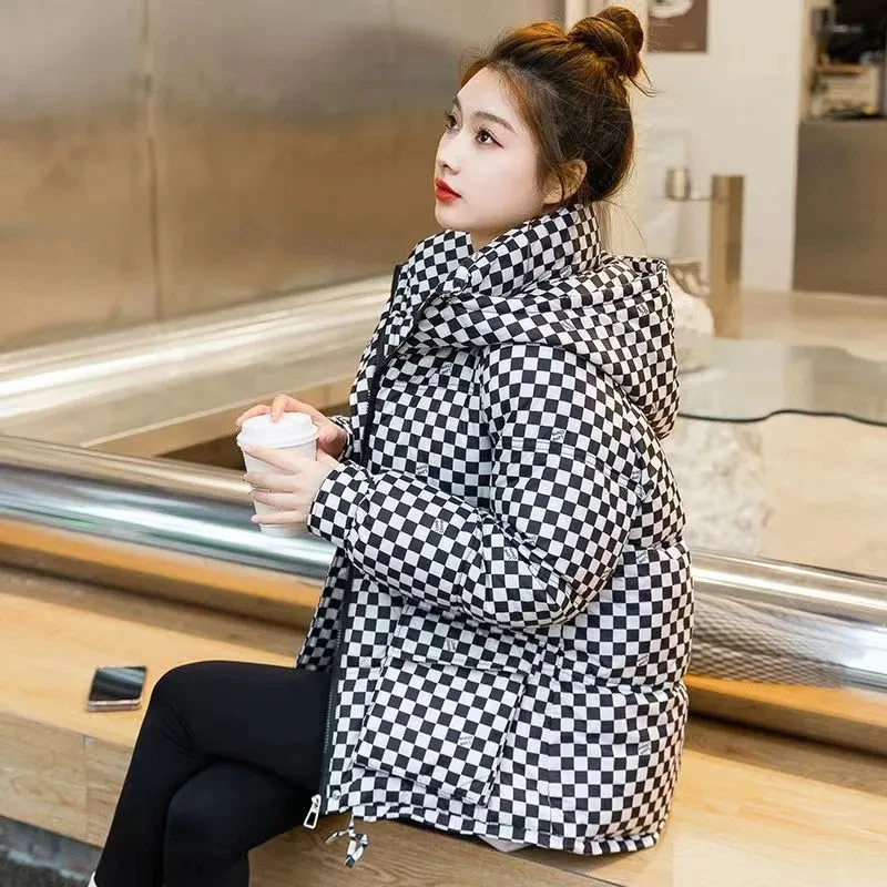 Down Cotton Jacket Women 2023 Autumn Winter New Checkerboard Hooded Short Padded Coat Female Fashion Loose Thicke Warm Parkas
