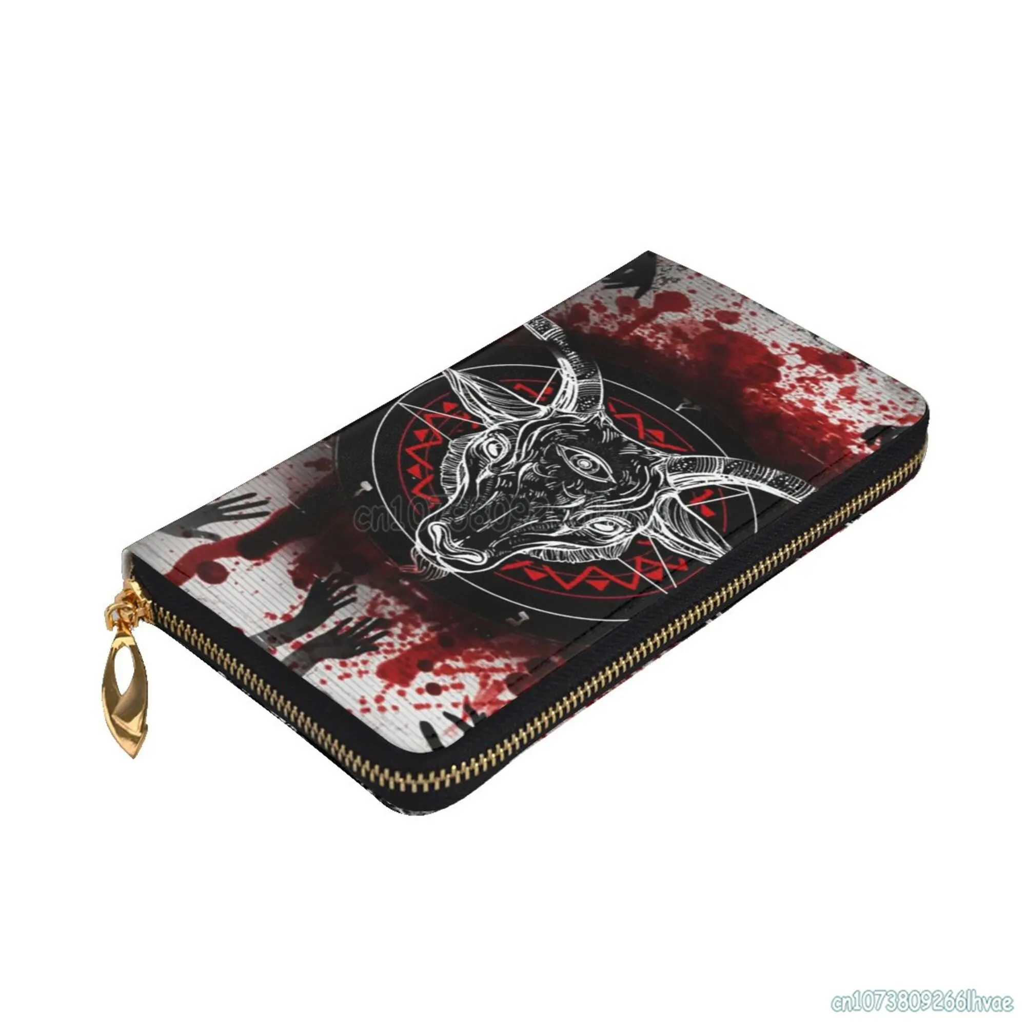 Pentagram with Demon Baphomet Satanic Goat Head Cowhide Leather Clutch Print Long Wallet Women Coin Purse Card Holder with Zip