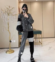 spring new style tb college style color blocking wool blended knitted cardigan jacket leggings pants suit personality female