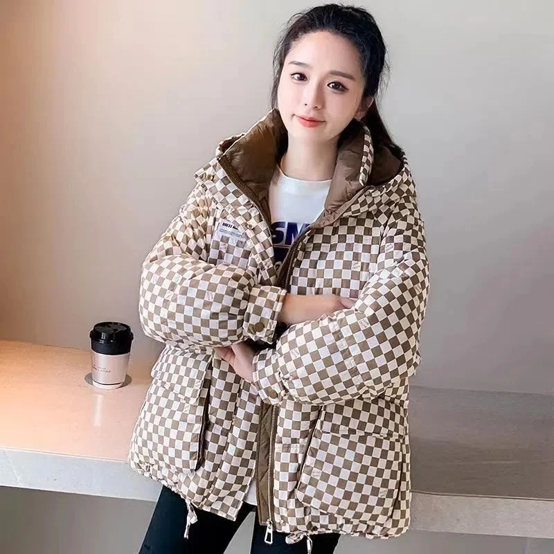 Parkas Women 2022 Winter New Fashion Slim All-match Checkerboard Padded Coat Female Hooded Loose Short Thick Down Cotton Jacket
