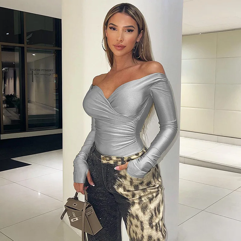 

Clinkly Fashion Long Sleeve Off Shoulder V-neck Wrap Tops For Women Sexy Skinny Cropped Top Ruched Basic Soild Clothes