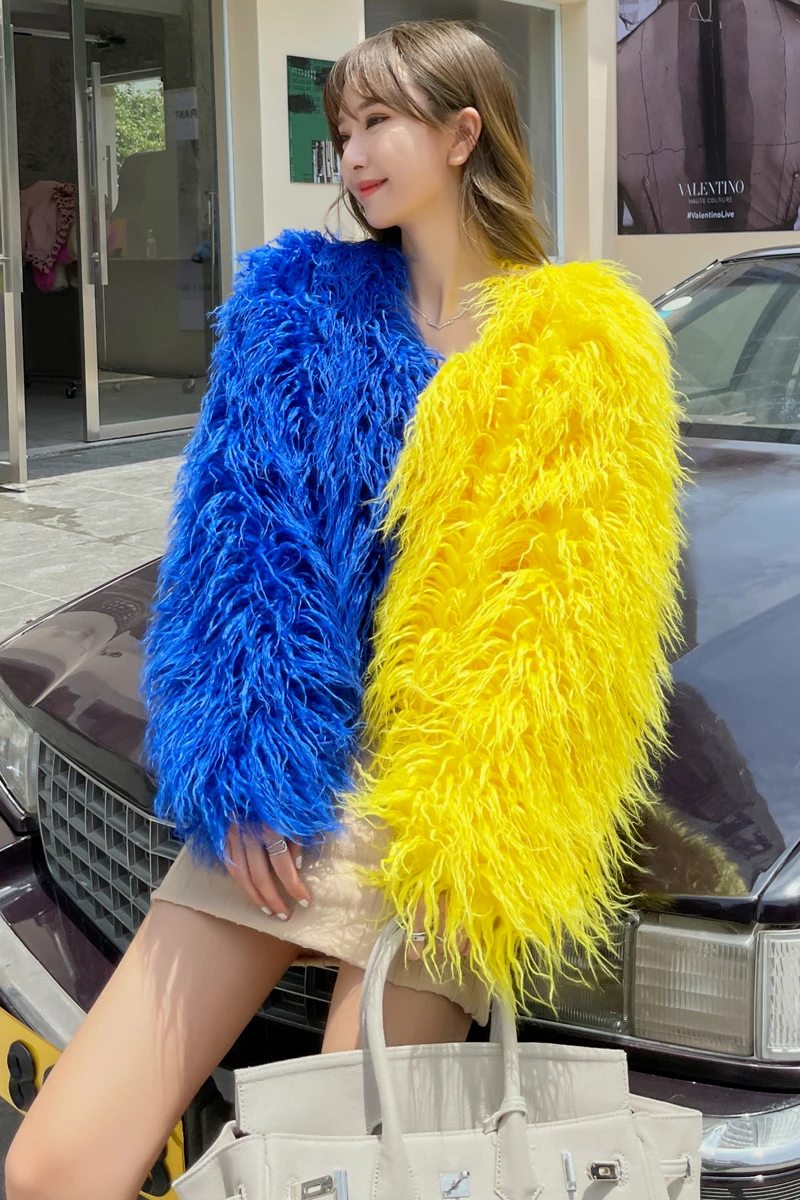 Winter Contrast Color Patchwork Furry Coat Women Korean Style Environmentally Friendly Fur Blue Beach Wool Green Faux Fur Jacket