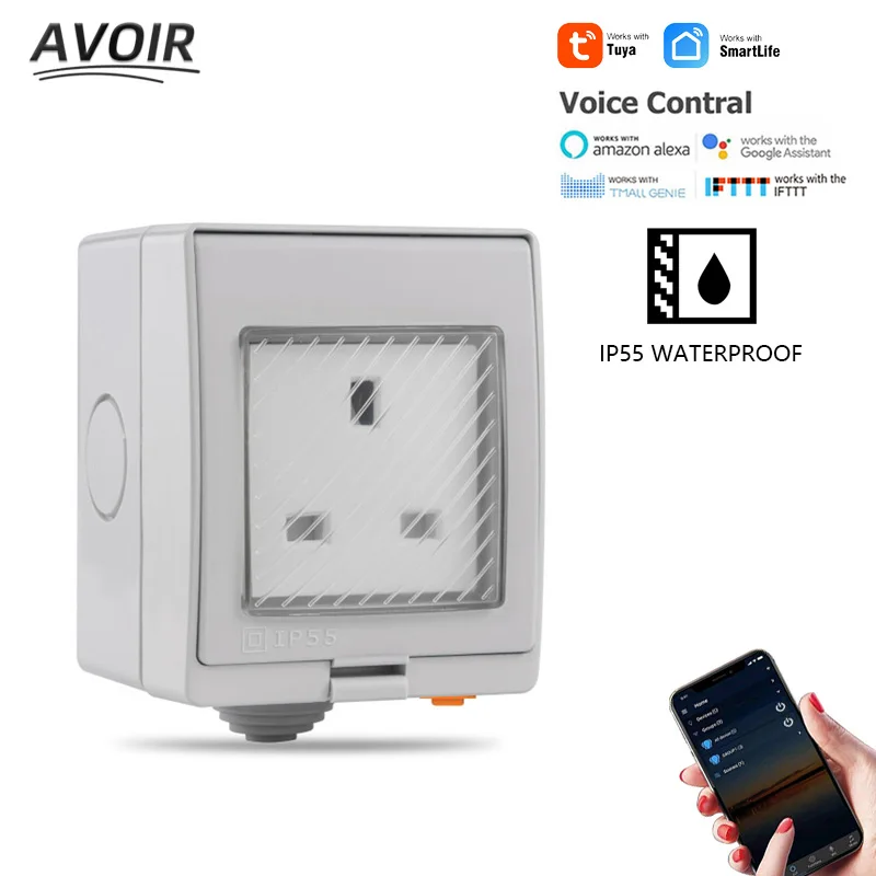 

Avoir IP55 Tuya Smart Power Socket With Timer Outdoor Waterproof Cover WIFI Connected Electrical Outlets UK Plugs Home Appliance