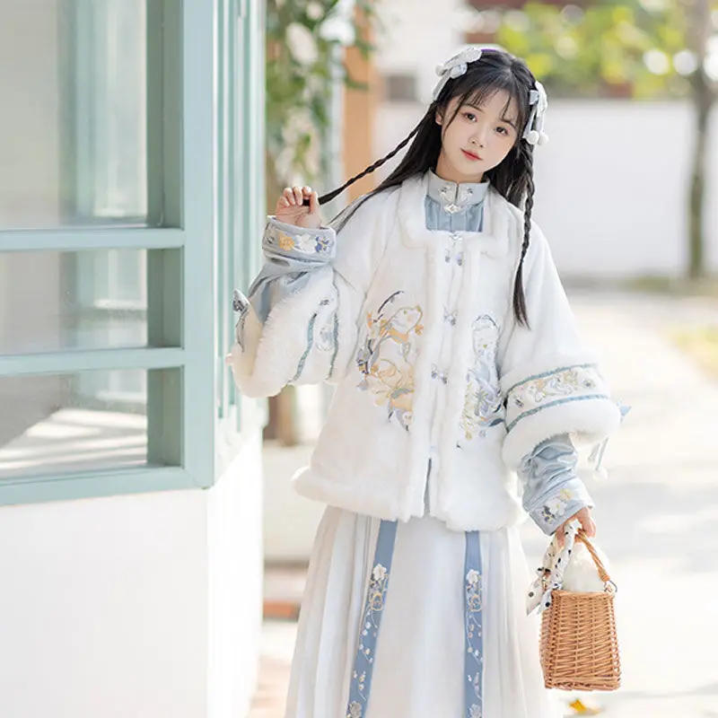 2023 Winter Hanfu Women Three Piece Tang Ming Dynasty Top Pleated Skirt Cute Fairy Gril Lady Chinese Traditional Style Suit