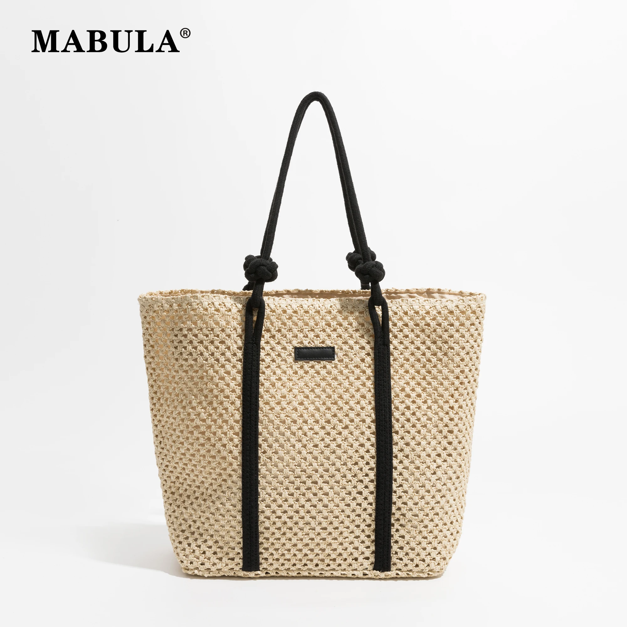 

MABULA Large Knoted Straw Woven Beach Travel Bag for Women Lightweight Fishing Net Shoulder Hobo Handbag Brand Square Tote Purse