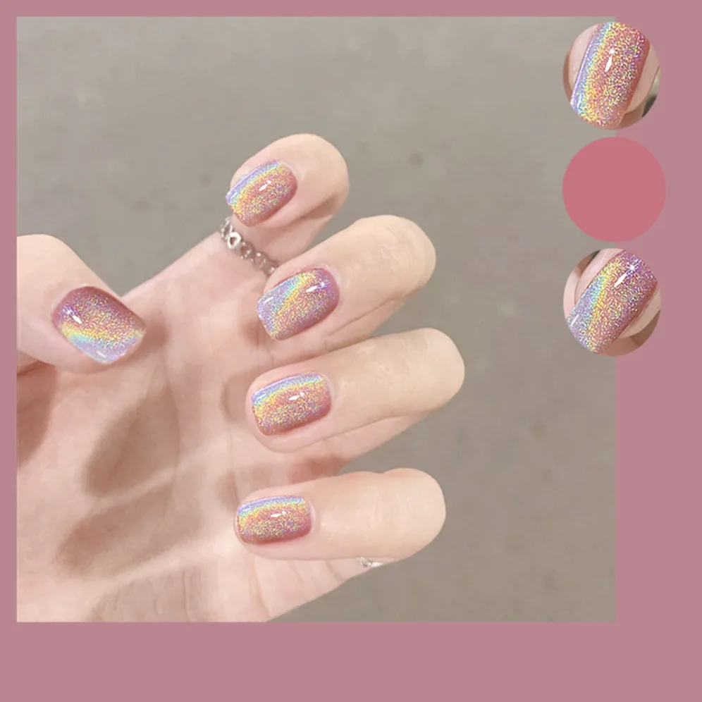 

24P Short rainbow pink cat eye nail art fake nails Full Coverage Seamless Removable False Nail Capsule Ballerina Press On Nails