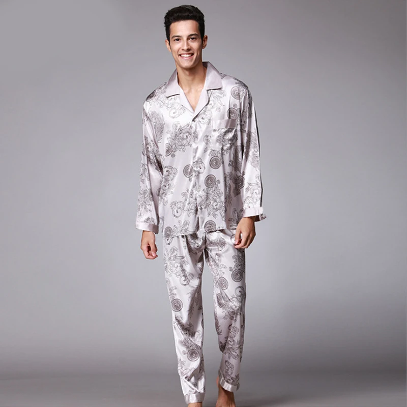 SAMWESTART Printed Wedding Mens Pajamas Satin Silk Nightgown Sleepwear Spring Autumn Male Full Sleeves Pants Pajama Set