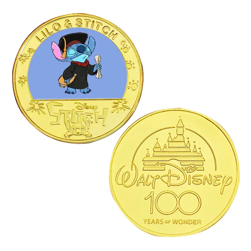 Фото Металлическая монета с героями мультфильмов Disney Lilo & Stitch, новый стиль, памятная золотая монета, коллекционные украшения, фигурки аниме, игрушки, подарки на день рождения №5