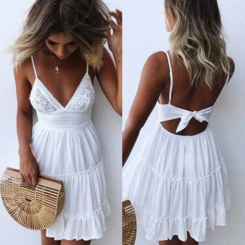 

Wepbel Dress Sexy Hollow Out Beach Wear Lace Sling Stitching Backless Dresses Solid Color Spaghetti Strap Ruffle Low Cut Dress