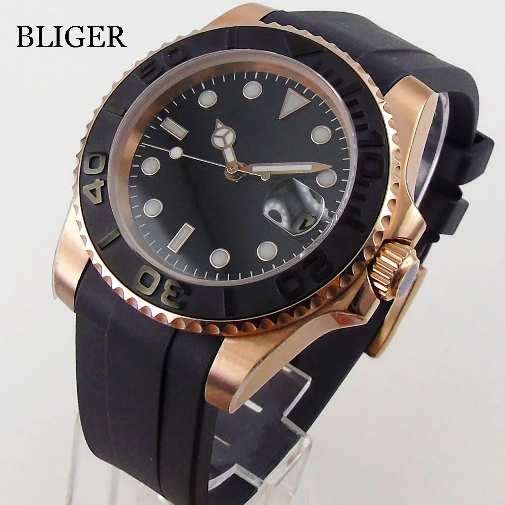 Купить Мужские автоматические часы BLIGER 40 мм из розового золота, 24 Драгоценности NH35A PT5000, сапфировое стекло, изогнутый конец, резиновый ремешок, свет...