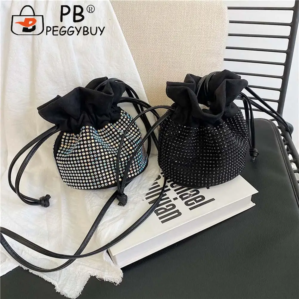 

Women Rhinestone Bucket Messenger Bags Diamond PU Leather Drawstring Tote Bag for Outdoor Shopping Business