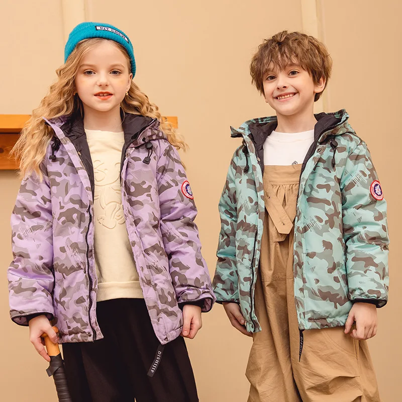 

2022 Winter Camouflage Down Jacket Girls Boy Coat 90% Real Down Waterproof Hooded Children Outerwear Teenage Kids Parka Snowsuit