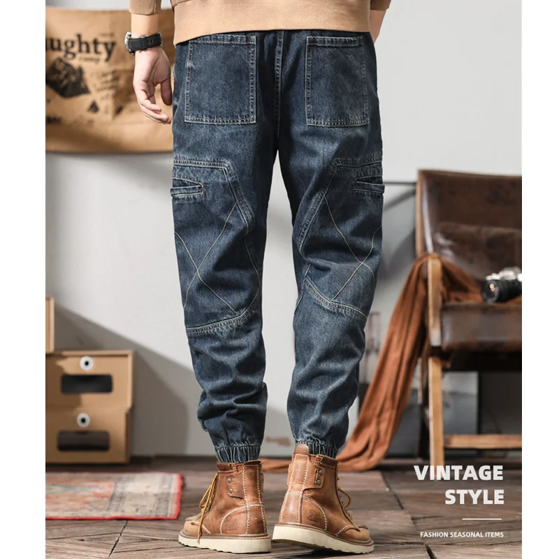 Men Clothing Vintage Loose Bluish Jeans Straight Cylinder Versatile Multiple Pockets Cargo Pants Female 2022 Autumn New Pattern