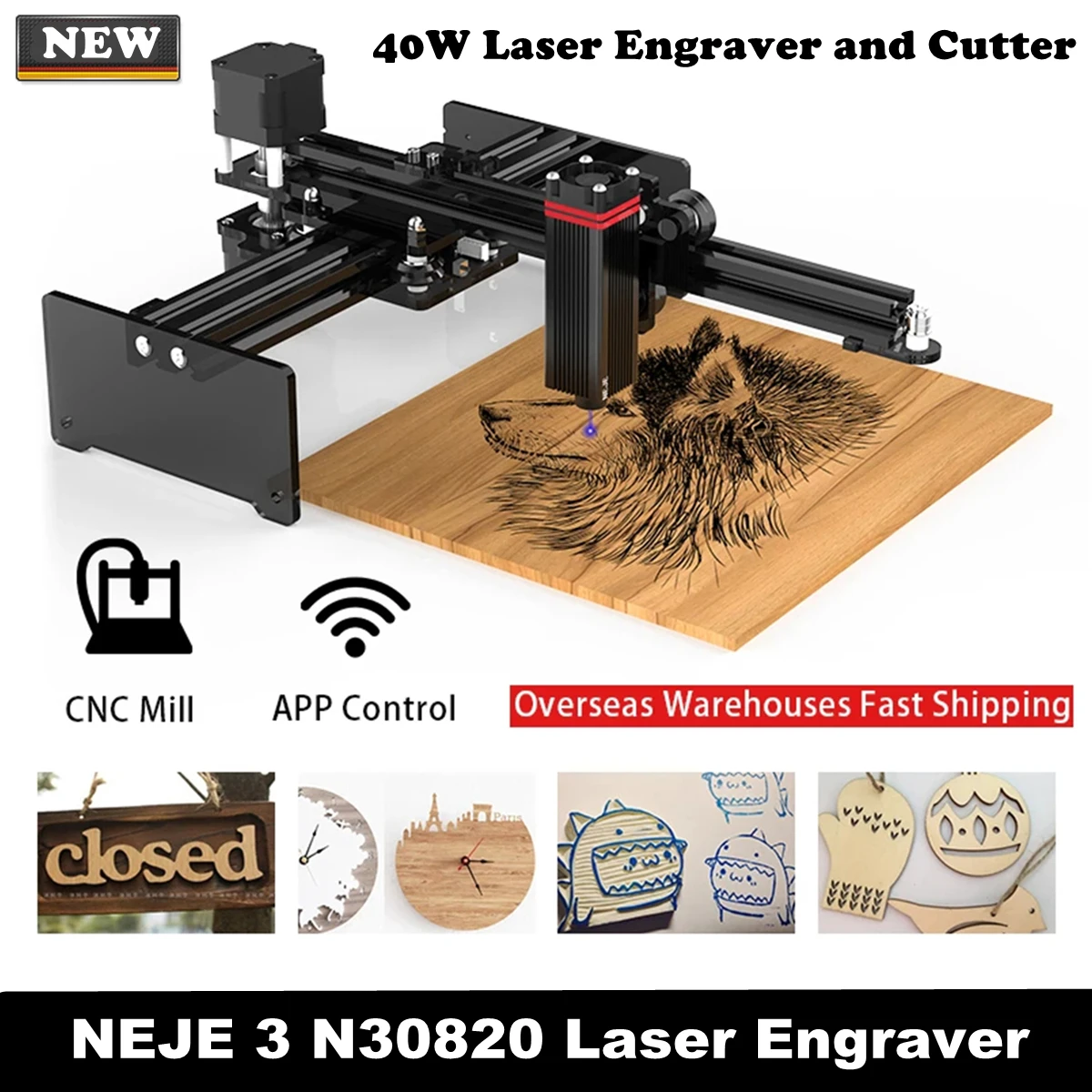 NEJE 3 40W Desktop Mini Laser Engraver DIY Logo Laser Engraving Mark Printer with Roll Protection Wireless APP Control