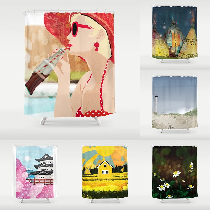 

Занавеска для ванной с изображением персонажа и эстетического пейзажа, домашнее украшение, водонепроницаемая душевая занавеска для ванны, ...