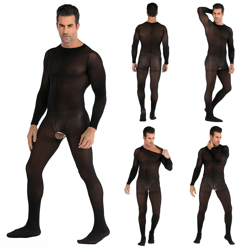 

Men's Ultra-Thin Solid Color Round Neck Long Sheer Sleeve Hot Erotic Nightclub Sexy Pajamas See Through Underwear