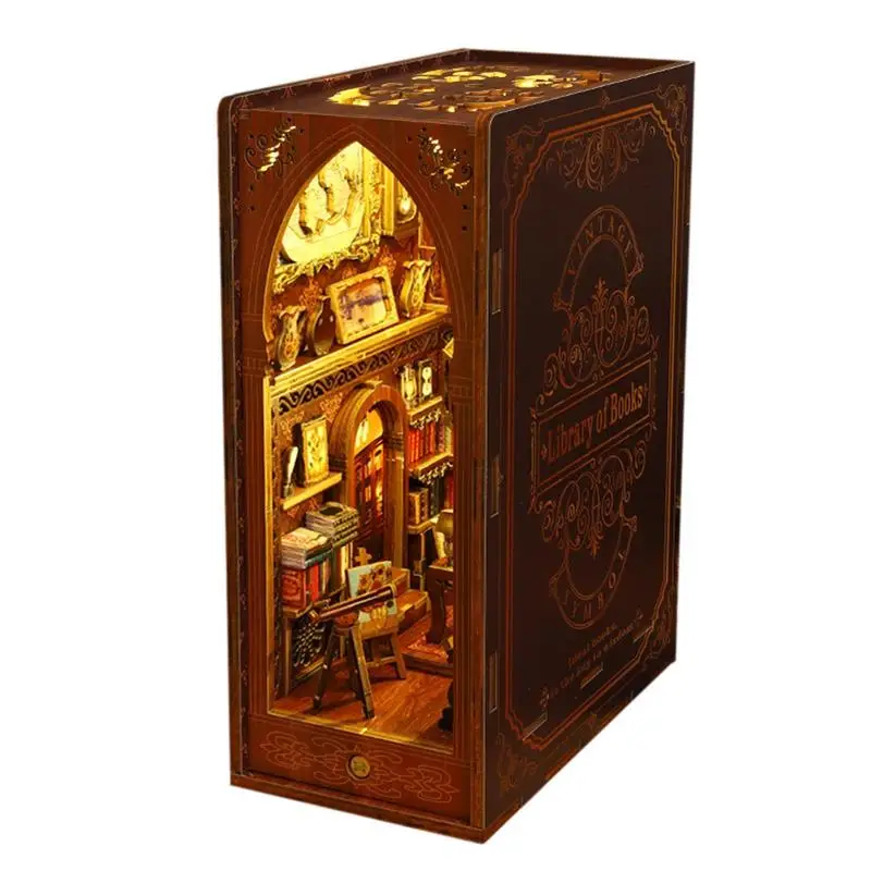 

DIY Book Kit Wooden Puzzles Dollhouse Bookshelf Insert Decorative Bookend Stand With LED Light DIY BookModel Kits For Teens