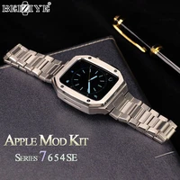 modification kit metal watch case for apple watch band 45mm 44mm leather strap bracelet correa for iwatch series 7 6 5 4 se