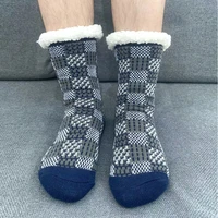 mens thermal socks plaid winter short cotton thickened plus velvet home sleeping soft anti slip floor sock male gifts 2022 new
