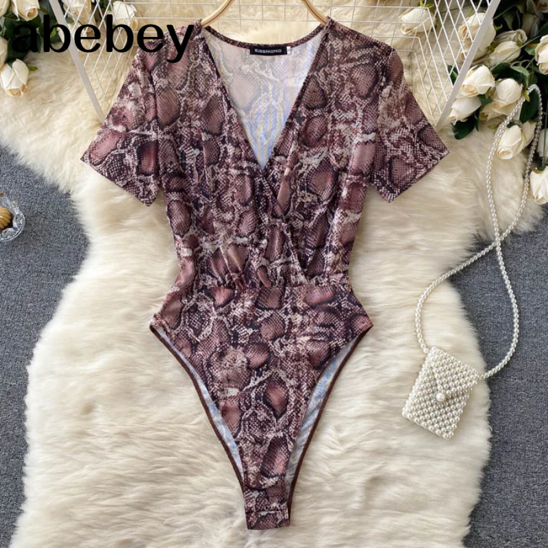 Women Retro Leopard Rompers Sexy Hollow V Neck Slim Jumpsuits Summer Fashion Short Bodysuit
