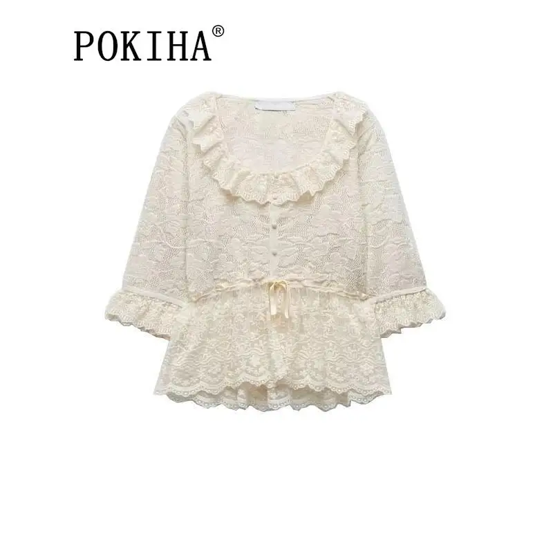 

Pokiha New Fashion Women Lace Knitting Sweet Single Breasted Elegant Short Sleeve Blouses Waist Bow Tied Waist Shirt Blusas Tops