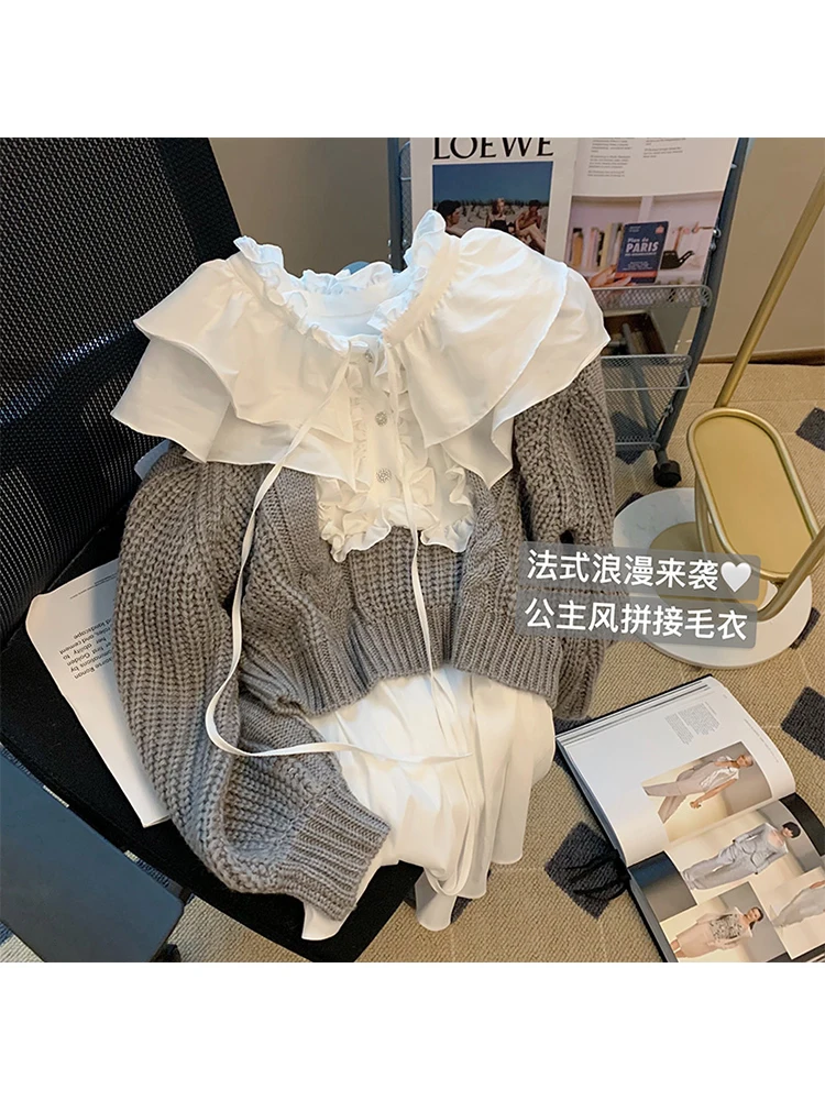 

French Romantic Vintage Elegant Women Knitwear Pleated Patchwork Design Pullover Sweater Ruffle Tie Up Lady Knit Jumper Gothic