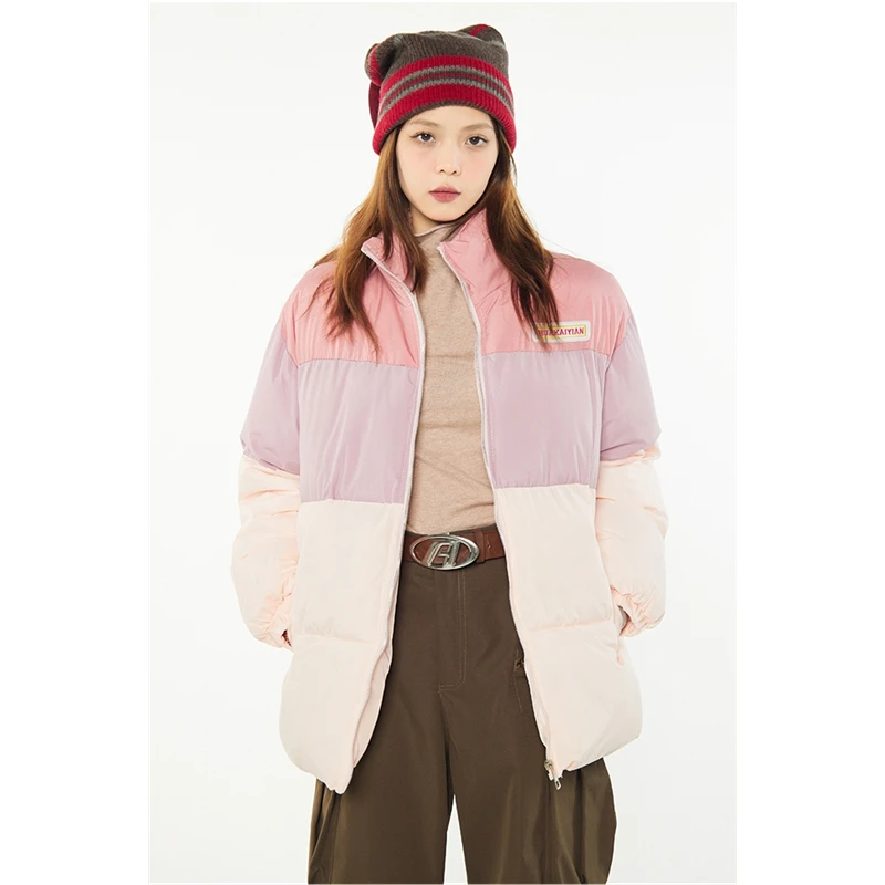 Women Pink Down Jacket Stand Collar Splicing Color Contrast Fashion Thicken Warm Feather Duck Down Female Puffer Winter Outwear