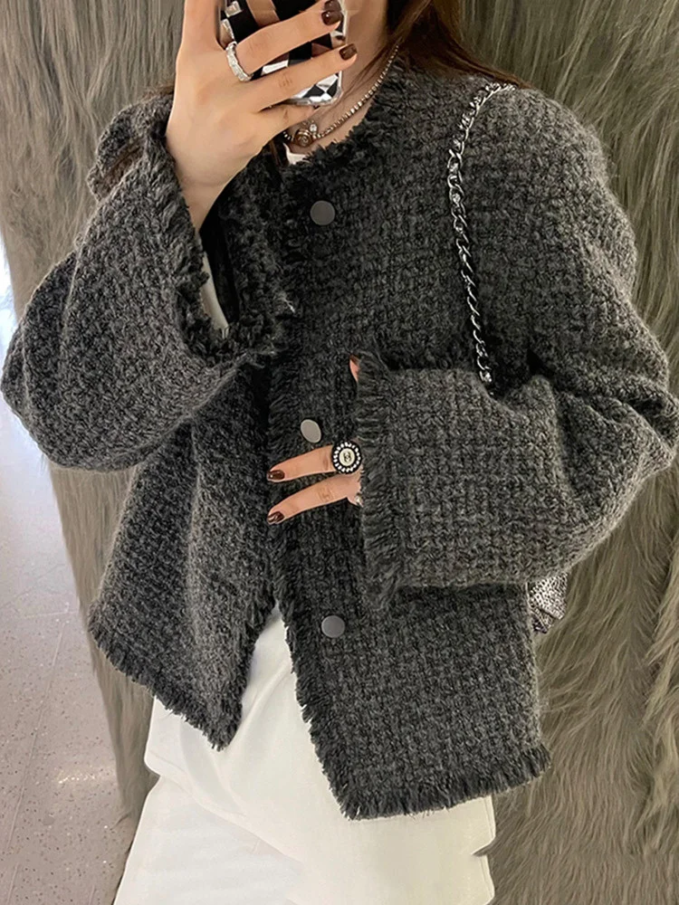 

Autumn and winter classic fashion milk gray fleece coat simple temperament short loose long sleeves