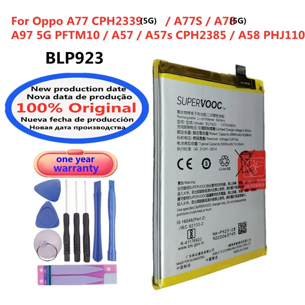 100% Оригинальный аккумулятор BLP923 для Oppo A77 CPH2339 5G / A77S A78 A97 PFTM10 A57 A57s CPH2385 A58 PHJ110 5000 мАч