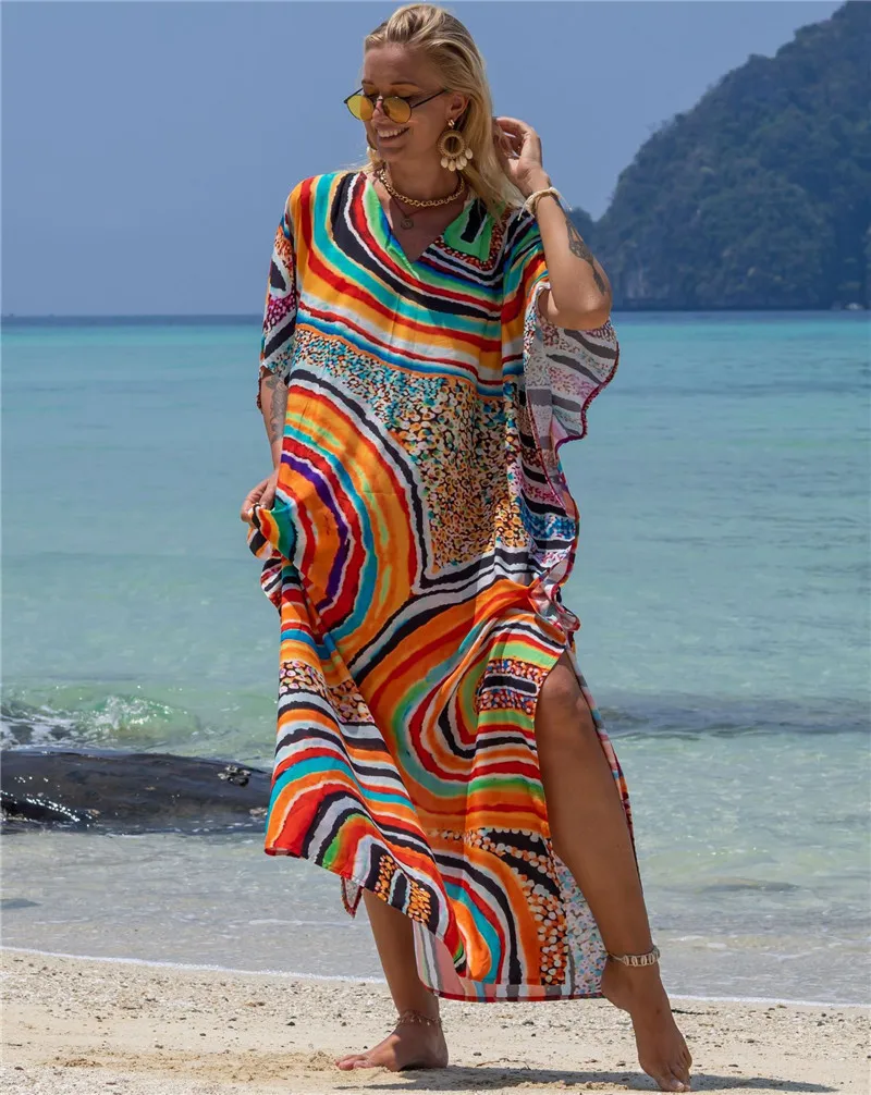 Женское пляжное платье из искусственного хлопка с разноцветным принтом |